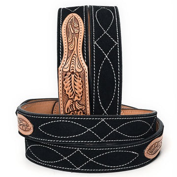 ADBLF335 Black Suede Western Belt - Hand-Tooled Leather Inlay & Silver Engraved Buckle